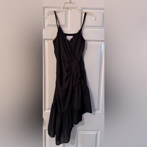 Gilner Farrar Ruffle Asymmetrical Hem Black Dress With Hook and Eye Wrap Closure